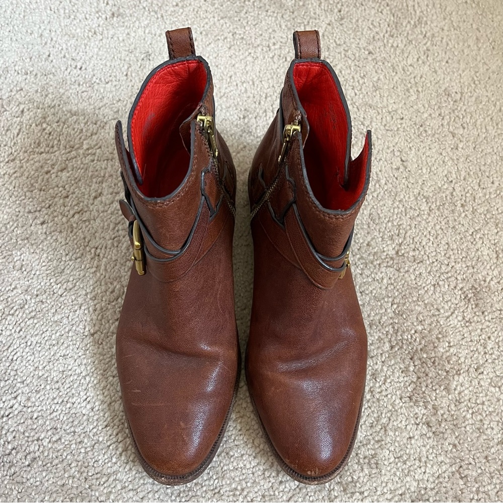 Coach Leoda Dark Ginger Distressed Brown Leather Bootie Ankle Boots Buckle 5.5 - Picture 7 of 14